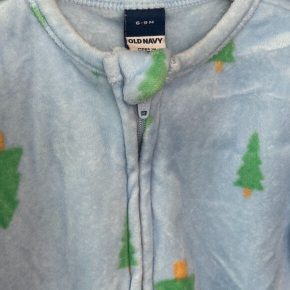 Old Navy Fleece Christmas Tree Sleeper 6 9 Months Blue Zip Up - Picture 3 of 5